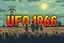 Placeholder: bumper sticker design in long rectangle, westall in bold heading text ufo 1966, lots of school children looking up in a field with high voltage powerline and gumtree's, mysterious cool, bold