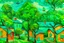 Placeholder: Emerald green colored treetops with birdhouses painted by Vincent van Gogh