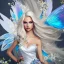 Placeholder: Fantasy fairy with transparent wings, smiling, make up, long platinum blond hair with crown and flowers, blue dress, flowering background