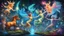 Placeholder: a line of creatures, all from the same species, immersed in a trippy, mind-bending realm. From left to right, the faun dances in swirling colors, a female faun shimmers ethereal. Male satyr pulsates with surreal energy, female satyr glows dream-like. Centaur radiates cosmic wisdom, ethereal female counterpart transcends reality. Male minotaur adorned with shifting patterns, female counterpart mesmerizes. Each creature in the line, a surreal interpretation of the faun, satyr, centaur, and minotau
