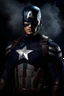 Placeholder: 3D Portrait of Alan Ritchson as Captain America, perfect body, perfect face, perfect eyes, dark hair, glamorous, gorgeous, delicate, romantic, realistic, romanticism, blue tones, Boris Vallejo - Pitch black Background - dark, wood panel wall in the background - fire, fog, mist, smoke