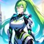 Placeholder: Clear focus, 8k, girl, high quality, detailed, green long ponytail hair, white eyes, beautiful lighting, vibrant colors, mech outfit