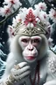 Placeholder: Beautiful japanese macaque in thermal water portrait wearing japanese style headress camelia and cherry blossom floral, black beads, white snowy earls headdress, organic bio spinal ribbed detail of snowy japanese floral costume, background extremely detailed hyperrealistic concept art