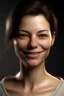 Placeholder: realistic, (29yr old female)without makeup, Caucasian beautiful face, dark hair, wearing a tight white shirt, studio lighting, cinematic light, beautiful woman, milk beige middle hair, perfect anatomy, very cute smile, (head frame), center image, style, bioluminescent, 8k Resolution, human hands, curiously complete, elegant, close to perfection, dynamic, highly detailed, character sheet, concept art, smooth, symmetrical body and balanced directly towards the viewer, detailed hairstyles