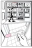 Placeholder: uncolored comic book page: top panel(man on his way out the door walks past a display of televisions on which a bulletin of wanted criminals mugshots appears, higher over the shoulder camera perspective), bottom panel(pov a woman's hand holding a pregnancy test that shows a positive result, tile floor below), panels divided at a 30 degree angle
