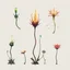 Placeholder: Isolated concept art of alien plants on a plain neutral background. Strange fictional extraterrestrial flora with unusual shapes, glowing details, thorns, spines, tendrils, and exotic flowers. Each plant designed with unique silhouette and fantasy colors, digital painting style, detailed textures, science fiction botanical illustration, no background, no landscape.
