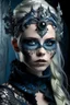 Placeholder: Beautiful faced young blond winter queen woman, wearing silver goth punk metallic filigree mineral azurite stone ribbed floral face masque, adorned with goth punk silver metallic diadem azurite mineral stone ornated headress, wearing etherial style jacket dress ribbed with silver floral metallic filigree embossed pattern, organic bio spinal ribbed detail of goth punk backround extremely detailed maximalist hyperrealistic concept art