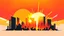 Placeholder: minimal design,shapes, synthwave, synthwave sun, synthwave city, simple,iconic:1.8), Explosion of color in city, comic style