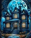 Placeholder: Create a high-resolution, photo-realistic coloring page for Halloween. The composition should be vibrant and feature a large, carved pumpkin at the center, glowing subtly. Include a hauntingly detailed haunted house in the background, with twisted, eerie architecture. Above the scene, depict a large, glowing blue moon casting a mysterious light over the scene. Ensure the graphics are suitable for coloring, with clear, defined lines and areas to be filled in. The overall mood should be spooky yet