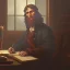 Placeholder: leonardo da vinci works in his study on a laptop at his desk. painting in photoshop. hyperdetailed, warm colors, movie poster, photoillustration, oil on canvas, lens flare