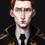 Placeholder: general hux 3/4 view, wearing a black First Order uniform, serious, imposing figure, thick eyebrows, digital art, wearing a black First Order uniform, green eyes, gray background, sepia filter