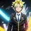 Placeholder: Detailed anime portrait of denki From my hero academia, yellow hair, black suit, intricate details, full body portrait, keep head in frame, slight smile, black Japanese motif, concept art, highly detailed, digital painting, concept art, sharp focus, illustration, art by Yoji Shinkawa, WLOP and greg rutkowski and alphonse mucha and artgerm and yanjun Chen and Junji ito and Makoto Shinkai, HDR, octane render