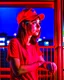 Placeholder: woman with a red baseball hat. leaning on a wooden balcony. night time. anime. studio lightining.