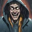 Placeholder: a closeup of a psychopathic young man with white eyes in a heavy coat and hood during a rainstorm laughing cartoon