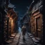 Placeholder: Hyper Realistic man walking between a prehistoric narrow street with ancient wooden houses gates at dark night