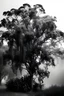 Placeholder: black and white photography of a big mimosa tree full of flowers. fogy weather, smoke, dark, vintage, realistic photography, artistic photography, accurate details, forest behind the tree.