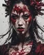 Placeholder: Tall girl samurai, face distorted with pain, screaming, tears streaming from eyes, siting pose, fullbody, splashes blood, behind guts rising from the ground, intricate, darkred tones, macro photography,