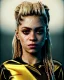 Placeholder: portrait, Shakira, blonde artist, angry, Realistic image, MMA robe, hoodie, mma gloves, loose long hair, eyes, make-up, gold line make up, moisture, sweat, fog, goddess, Neon colors, leds. Black background, photo studio, concept art, smooth, unreal engine 5, god lights, ray tracing, RTX, lumen lighting, ultra detail, volumetric lighting, 3d, finely drawn, high definition, 4k.