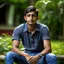 Placeholder: an 24 year old indian man, oval face, tanned skin, wearing shirt and jeans, sitting in a garden, peaceful, front face portrait, short hair, muscular and fit