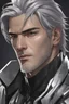 Placeholder: close up headshot portrait of a man in his 20's, silver hair, gray eyes, athletic build, perfect face, confident, protective-looking, Wadim Kashin, James Gurney, amazing beauty, splash art background, wears silver and black clothes, anime style, 8k resolution, high definition, intricate design,