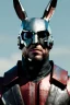 Placeholder: Medium Close Up Portrait, Front image. cyberpunk, rabbit mask helmet, strong man, titanium hair. Leather suit. Black, red, color. Thor style. Color background, photo studio. Avatar image, highly detailed, concept art, smooth, unreal engine 5, ray tracing, RTX, lumen lighting, ultra detail, volumetric lighting, 3d, finely drawn, high definition, high resolution.