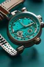 Placeholder: Design an image where a vintage turquoise watch band seamlessly integrates with the mechanisms of a mid-journey-inspired timepiece from stable.cog. Capture the interplay between vintage aesthetics and modern functionality."