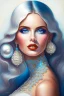 Placeholder: Painting a Beautiful Woman faces white background,pleasant face,big eyes, bright eyes,fantasy art,blue dress, high heels, pearls around the neck, earrings in, fantasy, high quality