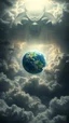 Placeholder: Planet earth hovering above swirling clouds, emerges from the heart of a raging storm. Turbulent winds of steam swirl around the iconic structure, lit by shafts of sunlight that cast dramatic shadows , A large beast face hooded creature with big hands in the cloud trying to grab planet Earth , another high planet waiting to collapse with planet earth , High quality 16k cinematic scene and great photography