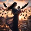 Placeholder: Hyper Realistic Photographic-Silhouette view of a beautiful mother with long-black-hair-whirling, carrying & happily-playing with her smiling-baby in her hands on a rooftop decorated with flower-arches, garland-lights-&-petals-whirling with cloudy-sunset-behind & silhouette-of-birds-flying showing dramatic & cinematic ambiance.