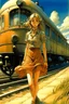 Placeholder: Milo Manara, Charles Altamont Doyle, Surreal, mysterious, strange, fantastic, fantasy, Sci-fi, Japanese anime, ripples, spirals, and Fibonacci, a miniskirt beautiful high school girl racing with a steam locomotive, hyper detailed high resolution definition quality, depth of field cinematic lighting