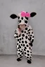 Placeholder: Portrait of A cute cow dressed in a onezy pajama outfit. The onezy has pink polka dots on and is thick and cozy. She has a flower in her hair. 3d