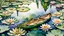 Placeholder: view from sky, photo realistic watercolor painting of canoe in waterlily lake Ariel view, full of waterlily flowers, green lake, pen line sketch and watercolor painting ,Inspired by the works of Daniel F. Gerhartz, with a fine art aesthetic and a highly detailed, realistic style