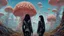 Placeholder: woman with black hair, in leather trousers and jacket, walking through Alien mushrooms with jellyfish tentacles in an alien forest, photorealistic, Deep Colour, Intricate Detail, sunshine, blue sky