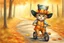 Placeholder: Cute little happy cat scarecrow riding a trike, forest path background, autumn, leaves swirling, waterfall, reflection, mist, sunrise, smooth intricate photorealistic hyperrealistic high definition beautiful lighting pencil sketch watercolor dramatic lighting storybook illustration polished Deep shadows deep color warm light