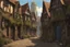 Placeholder: gothic, medieval street in a shanty town, inns, shops, balconies, bridges, arches, cobbled roads, people, in a wood, dense foliage, photo-realistic, Hogwarts, blue sky