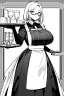 Placeholder: waitress carries tray with glasses in a cafe bar, line arts, greyscale