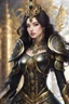 Placeholder: Realistic photography,front_view, (1Queen, looking at viewer), black long hair,traditional dress ornaments mechanical_armor, intricate armor, delicate golden filigree, intricate filigree, black metalic parts, detailed part, dynamic pose, abstrac background, dynamic lighting