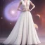 Placeholder: model shoot style, digital art full body portrait of (Princess Leia) ((dressed in white and off white gown)), surrounded by planets, ultra-detailed, ultra quality, ((official character art)), (dark fantasy), illustration, eerie atmosphere, 8k, cinematic lighting, bokeh