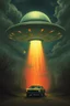 Placeholder: Hieronymus Bosch style nightmare huge ufo spaceship hovering above a car