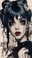 Placeholder: Poster in two gradually, a one side malevolent goth vampire girl face and other side the Singer Melanie Martinez face, full body, painting by Yoji Shinkawa, darkblue and sepia tones,