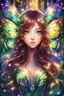 Placeholder: Beautiful anime butterfly girl with shiny brown flowing hair, glitter colorful butterfly wings, lovely glowing green eyes, surrounded by magical colorful forest and flickering lights, digital painting, kaleidoscope, vibrant colors, vivid colors, colorful