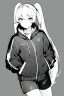 Placeholder: blonde girl with ponytails dressed in a jacket and shorts walks proudly, greyscale