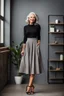 Placeholder: full body of very beautiful lady midi skirt and bluse , gray hair ,standing idle happy pose in studio pretty makeup