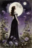 Placeholder: Night, purple flowers, moon, gothic horror films influence, winslow homer watercolor paintings