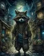 Placeholder: highly detailed concept illustration of an alternate reality ancient China racoon wanderer in dark street, maximalist, highest resolution, in the styles of Alex Pardee, Denis Forkas, and Masahiro Ito, boldly inked, 8k, coarse, gritty textures