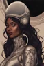 Placeholder: Sensual brown skin woman with dark hair over the planet venus, futuristic, galaxy behind her,