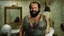 Placeholder: two ugly muscular chubby arab 45 years old similar to bud spencer, very detailed, full figure shot, very realistic photography, dim light, view from below, , very small drops of glue sticky gloopy white messy splash, tiled restroom, tattoo, masculine bearded, white substance dripping from beard, with glue stuck to and dripping from beard,, , mature barely burly bearded muscled and robust , bright white glue covered beards, white sticky liquid glued dense barely transparent liquid