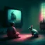 Placeholder: pig watching a tv about video game persona with a rabbit playing music beksinski style