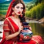 Placeholder: a woman in a red dress holding a vase, creative colorfull - makeup, with professional makeup, hand built ceramics, very very very beautiful face , nice country side with hills ,waterfall over a river with clear water,girls with perfect pretty face in folk costums and a jar, filling their jugs with water and some of them leaving while carring there jugs in there shouldes and 1beautiful girl with jug in shoulder in closeup , very nice mountains at distant, nice clouds in sky ,wide green field wi