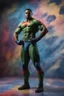 Placeholder: harry lennix, martian manhunter, extremely huge, overexaggerated muscles, posing and flexing in a front of the camera, random extreme action poses, an extremely colorful, multicolored foggy blue marble wall in the background with a colorful marble tile floor, multicolored lightning, realism engine,